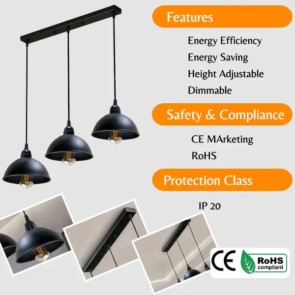 Industrial Adjustable 3 Head Black Pendant Light ~5268-3