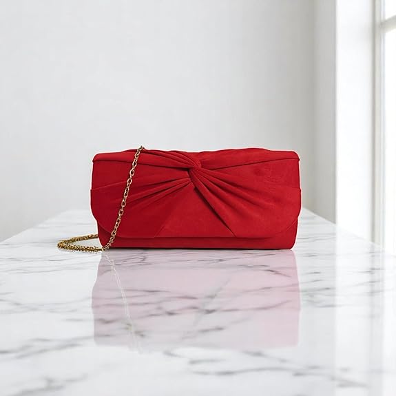 Red Suede Clutch Bag with Knot Detail