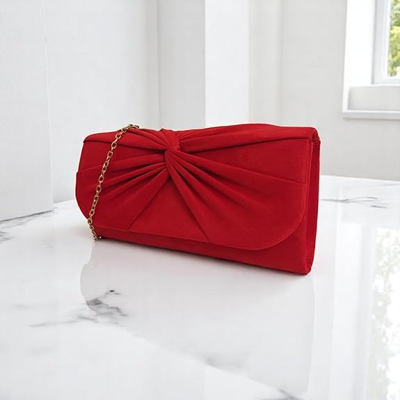Red Suede Clutch Bag with Knot Detail